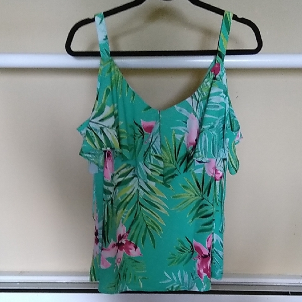Women's Green Tropical Print Cold-Shoulder Top